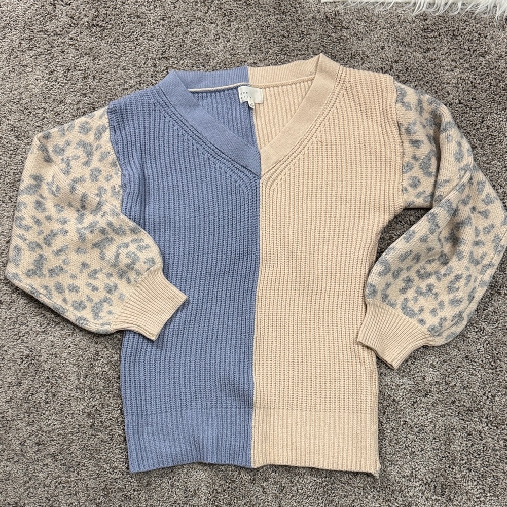 Two-Tone V-Neck Knit Sweater in Blue and Cream with Patterned Sleeves